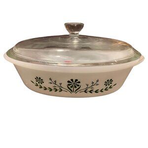 Glasbake Green Daisy Oval 1Qt Bakeware with Lid Vintage Floral Design